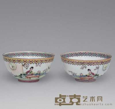 民国 粉彩人物纹薄胎碗(一对) 高11.5cm